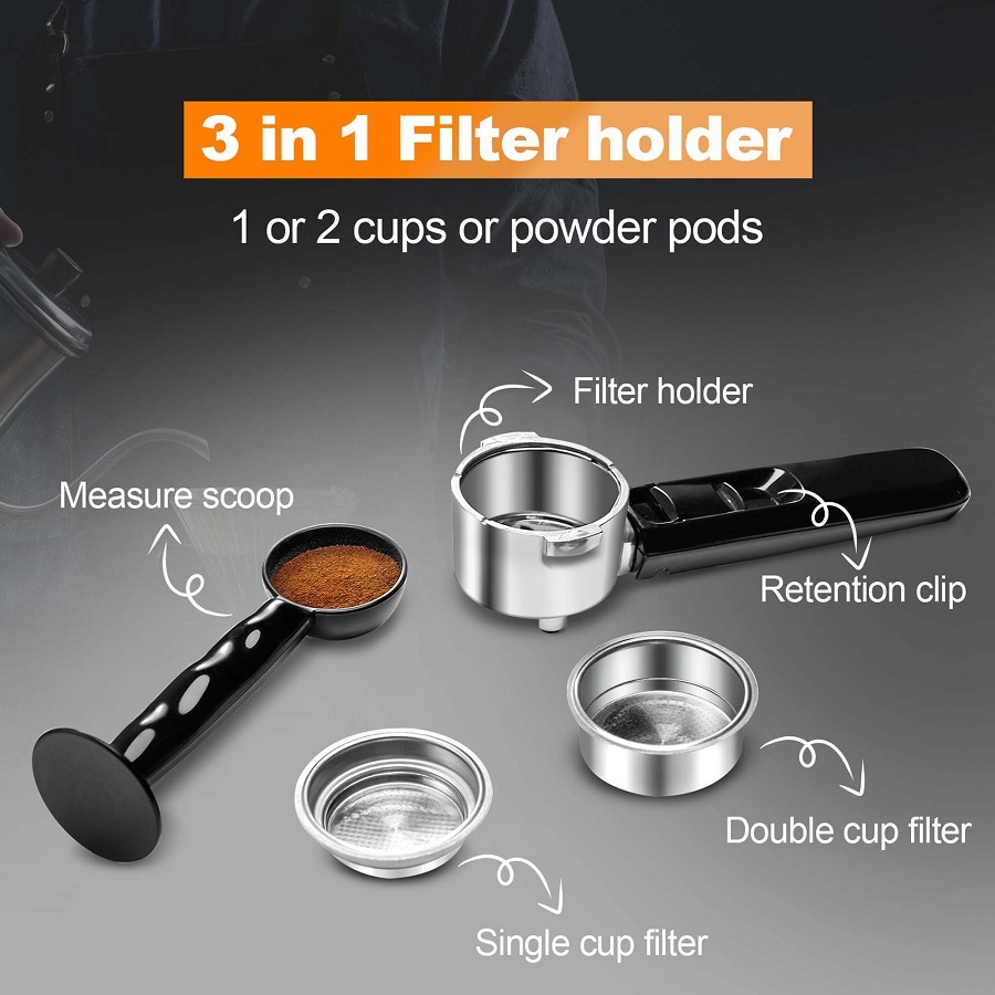 Black Espresso Machine, Kitchen 20bar Espresso Maker W Milk Frother Wand & Removable Water Tank B11D 5 Black Espresso Machine, Kitchen 20bar Espresso Maker W Milk Frother Wand & Removable Water Tank  B11D - Image 3