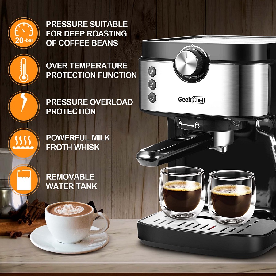 Black Espresso Machine, Kitchen 20bar Espresso Maker W Milk Frother Wand & Removable Water Tank B11D 6 Black Espresso Machine, Kitchen 20bar Espresso Maker W Milk Frother Wand & Removable Water Tank  B11D - Image 4