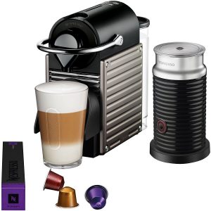 Breville Nespresso Pixie Single Serve Espresso Machine in Electric Titanium and Aeroccino Milk Frother in Black B11J 4
