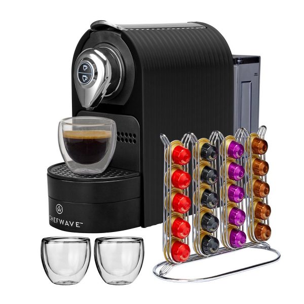 ChefWave Espresso Machine for Nespresso Compatible Capsule, Holder, Cups (Black) C10H