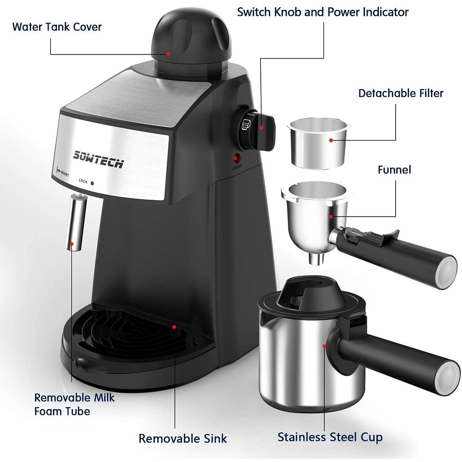 SOWTECH Espresso Machine 3.5 Bar Espresso Maker Cappuccino Machine, Black S10C 5 SOWTECH Espresso Machine 3.5 Bar Espresso Maker Cappuccino Machine, Black S10C - Image 3