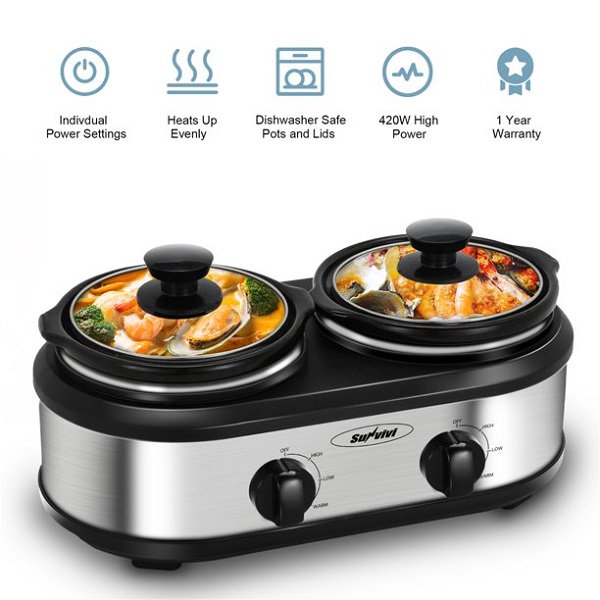 2 Pot Crock Pot Food Warmer, 2-Section 1.25-Quart Oval Slow Cooker P25S 6 2 Pot Crock Pot Food Warmer, 2-Section 1.25-Quart Oval Slow Cooker P25S - Image 4