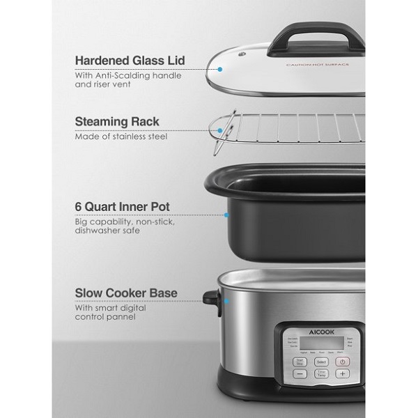 AICOOK Slow Cooker 6Qt, 10 in 1 Programmable Multifunctional Cooker A25R 3 AICOOK Slow Cooker 6Qt, 10 in 1 Programmable Multifunctional Cooker A25R