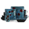 Elama Aloha Tide 16 Piece Square Stoneware Dinnerware Set in Blue and Floral 1