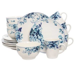 Elama Blue Rose Traditional 16 Piece Elegant Dinnerware Set