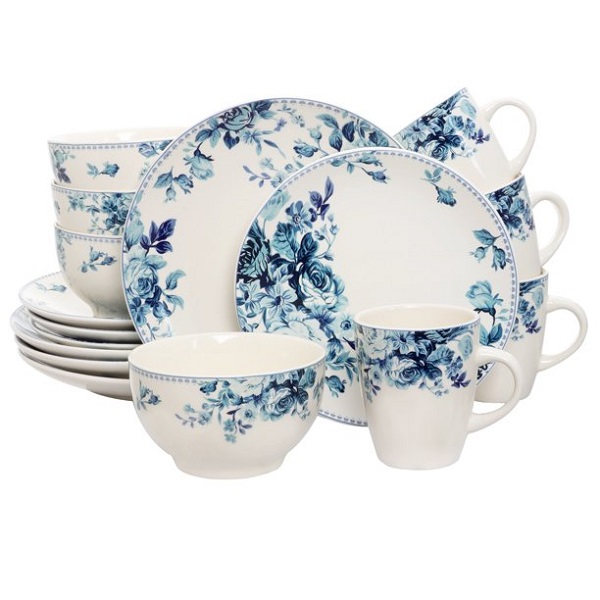 Elama Blue Rose Traditional 16 Piece Elegant Dinnerware Set
