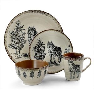 Elama Majestic Wolf 16 Piece Round Stoneware Dinnerware Set in Taupe 2