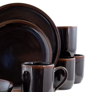 Elama Midnight Beach 16 Piece Round Stoneware Dinnerware Set in Metallic Black 2