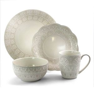 Elama White Lace 16 Piece Round Scallop Stoneware Dinnerware Set in White 3