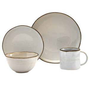 Geneva 16 Piece Dinnerware Set Stoneware Service for 4 Ivory with Brown Rim 2