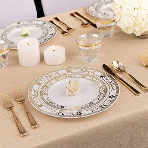 Gold Floral Plastic Dinnerware 125 Piece Plastic Plates Plastic Forks Plastic Knives Plastic Spoons Service for 25 Guests Fancy Place Setting for Wedding Party Baby Shower Birthday Holiday 2