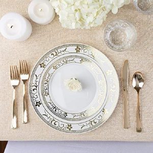 Gold Floral Plastic Dinnerware 125 Piece Plastic Plates Plastic Forks Plastic Knives Plastic Spoons Service for 25 Guests Fancy Place Setting for Wedding Party Baby Shower Birthday Holiday 3