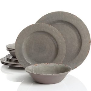 Mauna 12 pc Dinnerware Set Grey Crackle Look Decal Melamine 2
