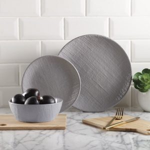 Safdie & Co. 12-Piece Linden Dinnerware Set, Grey, Embossed