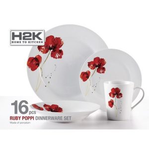 Safdie Co. 16 Piece Round Rim Dinnerware Set Ruby Poppi 2