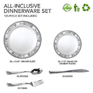 Stock Your Home 125 Piece Disposable Plastic Dinnerware Set Silver Floral Design 2