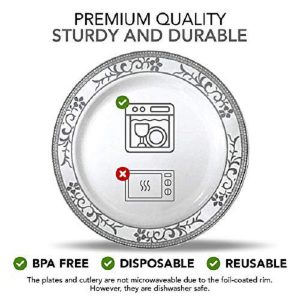 Stock Your Home 125 Piece Disposable Plastic Dinnerware Set Silver Floral Design 4