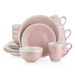 Stone Lain 16 Piece Stoneware Round Dinnerware Set, Service for 4 in 2 Tone Pink and Cream with Speckle Dishes