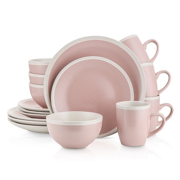 Stone Lain 16 Piece Stoneware Round Dinnerware Set, Service for 4 in 2 Tone Pink and Cream with Speckle Dishes