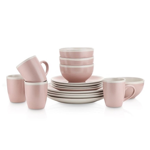 Stone Lain 16 Piece Stoneware Round Dinnerware Set, Service for 4 in 2 Tone Pink and Cream with Speckle Dishes - Image 2