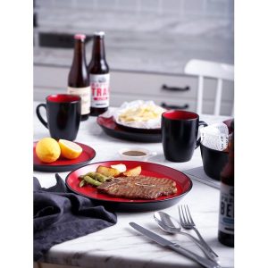 Stone Lain 32 Pieces Stoneware Round Dinnerware Set Service for 8 2 Tone Glazed in Red and Black Modern Dishes 4