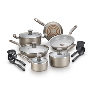T-fal Initiatives Ceramic Cookware, 14 Piece Set, Champagne T17U