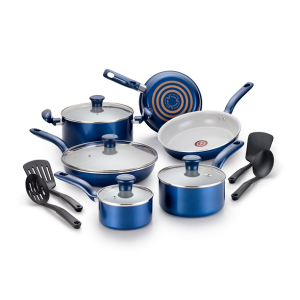 T-fal Initiatives Ceramic Cookware, 14 piece Set, Blue T16E