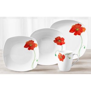 Tabletops Gallery Poppy Square 16 Piece Dinnerware Set, Floral Pattern